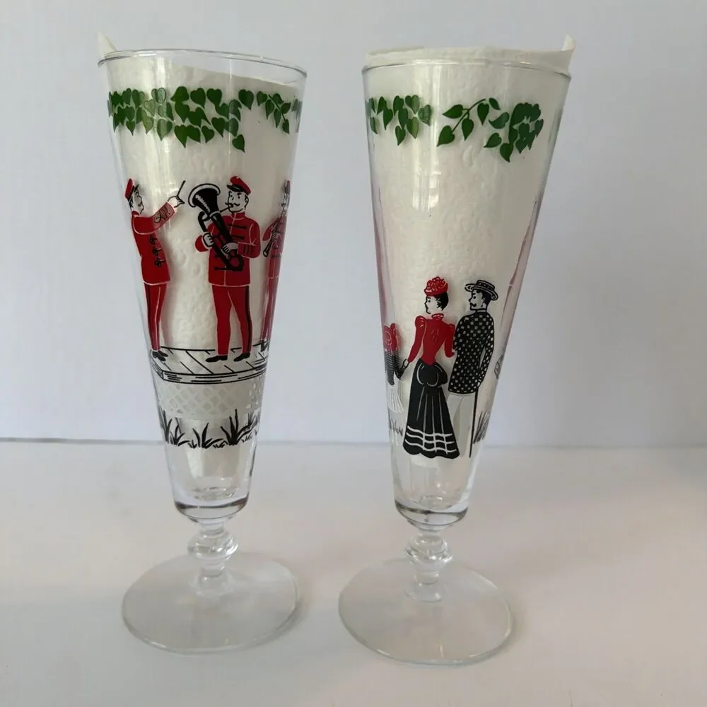 Vintage Stemmed Beer Pilsner Glasses Pair Musicians Band Retro MCM Barware Pub